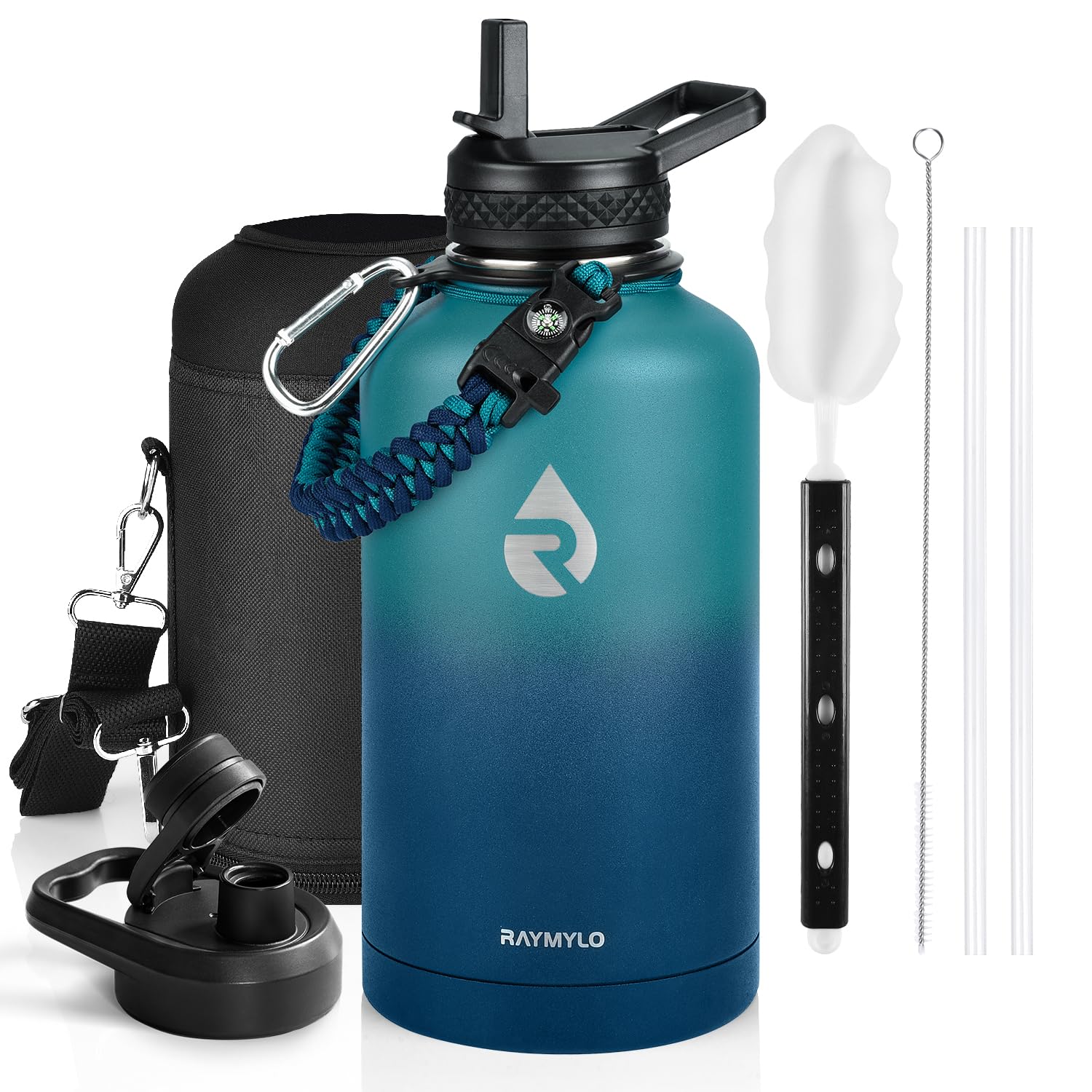 Insulated Water Bottle 64 oz, Triple Wall Vacuum Stainless Steel (Cold for 48 Hrs), Leak Proof & Non-BPA, Half Gallon Water Flask Jug with Paracord Handle & Straw Spout Lids