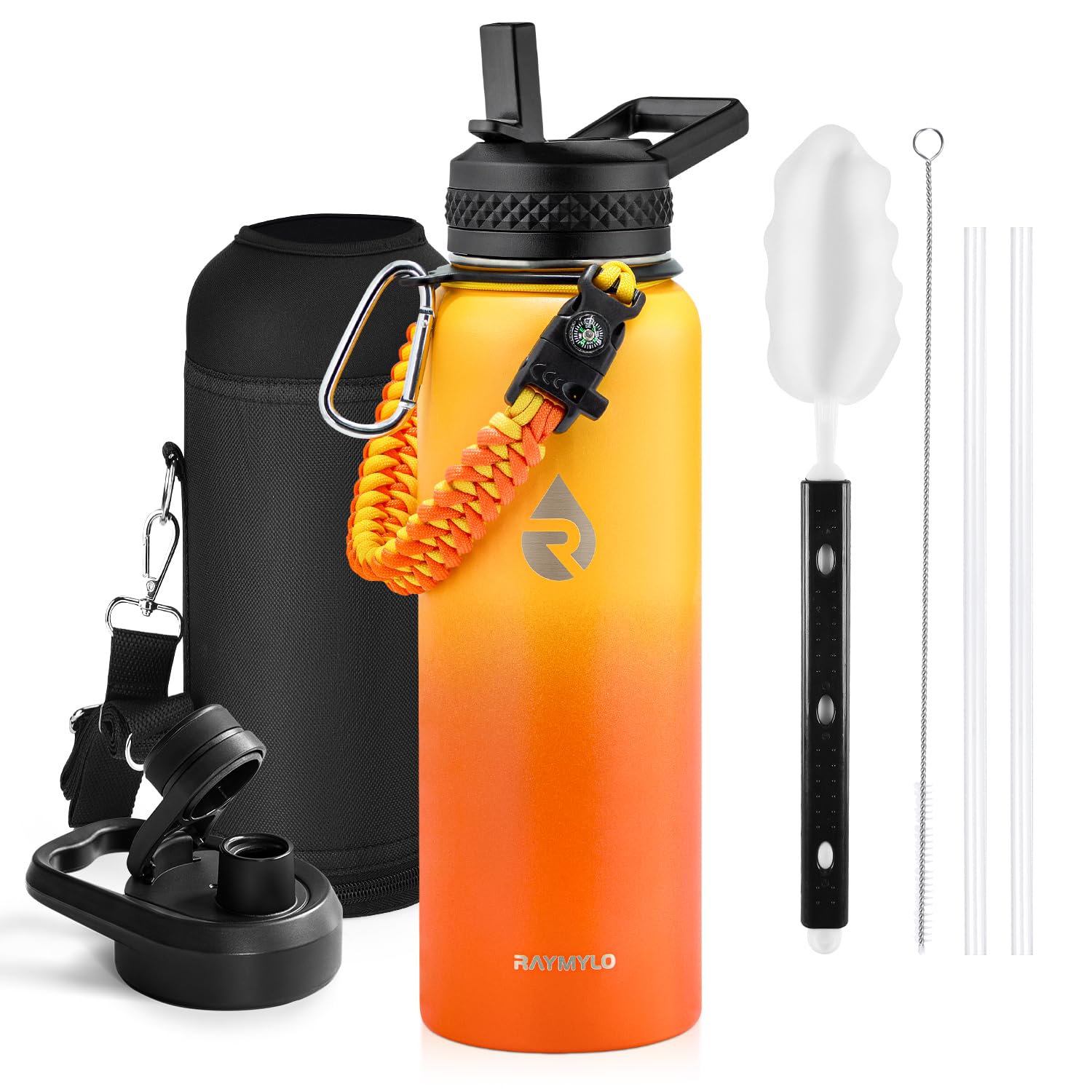Insulated Water Bottle 64 oz, Triple Wall Vacuum Stainless Steel (Cold for 48 Hrs), Leak Proof & Non-BPA, Half Gallon Water Flask Jug with Paracord Handle & Straw Spout Lids