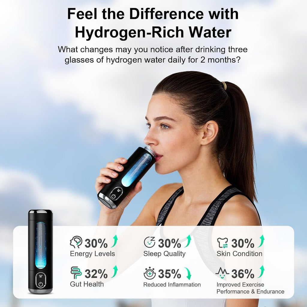 Portable Hydrogen Water Bottle Generator - Up to 6000 PPB H2 Molecular Hydrogen Infusion, SPE/PEM Technology Rechargeable Hydrogen Water Machine for Sports/Travel/Office/Gym - 8.8 oz (Black)