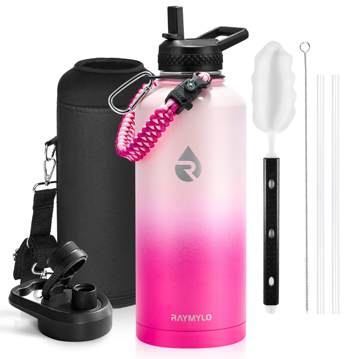 Insulated Water Bottle 64 oz, Triple Wall Vacuum Stainless Steel (Cold for 48 Hrs), Leak Proof & Non-BPA, Half Gallon Water Flask Jug with Paracord Handle & Straw Spout Lids