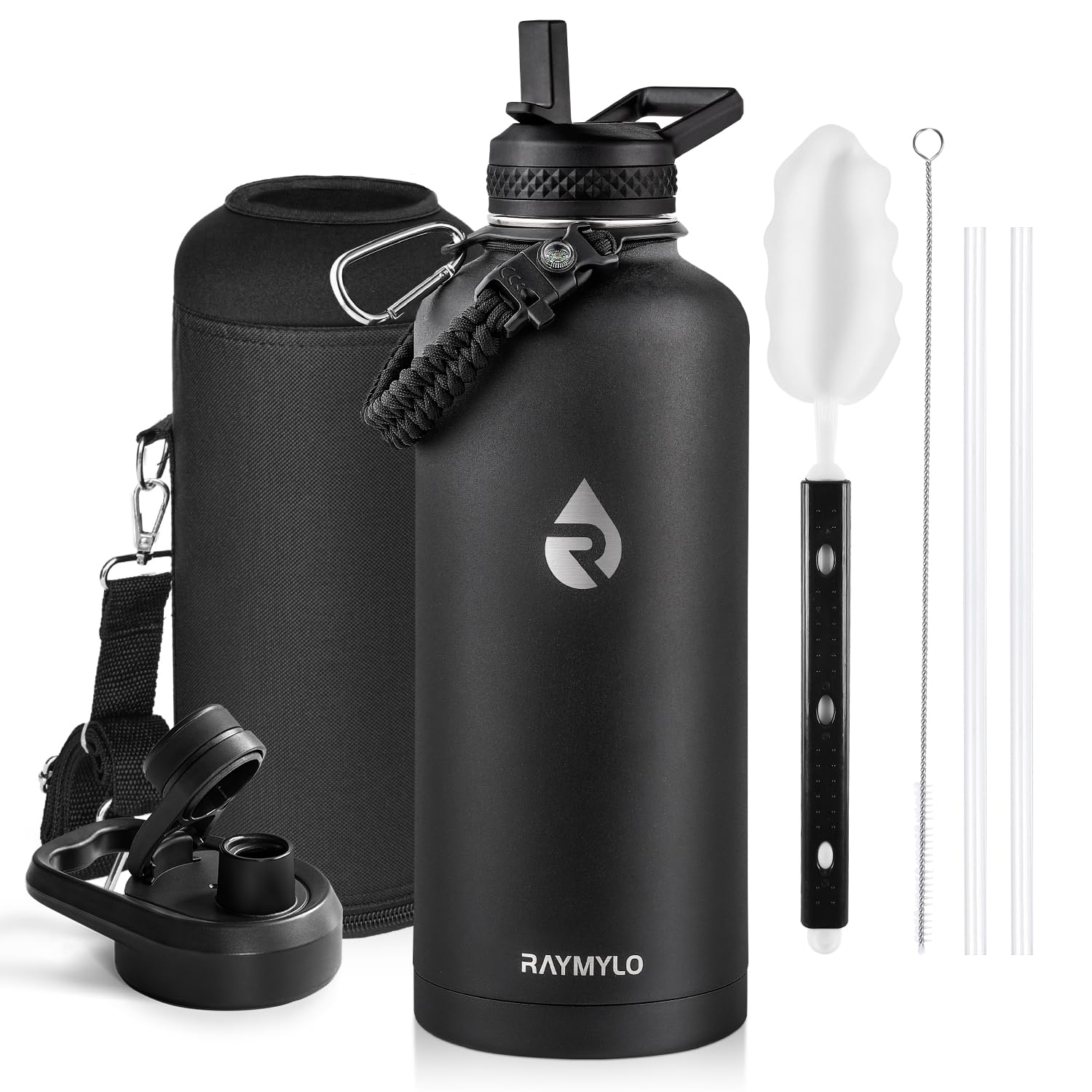 Insulated Water Bottle 64 oz, Triple Wall Vacuum Stainless Steel (Cold for 48 Hrs), Leak Proof & Non-BPA, Half Gallon Water Flask Jug with Paracord Handle & Straw Spout Lids