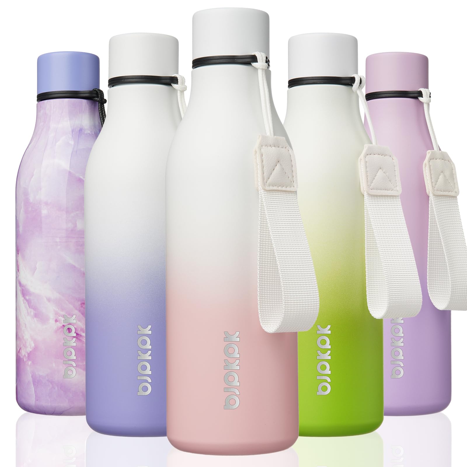 BJPKPK Insulated Water Bottles, 18 oz Stainless Steel Metal Water Bottle with Strap, BPA Free Leak Proof Jugs, Mugs, Flasks, Reusable Thermal Flasks for Sports& Travel, Blossom