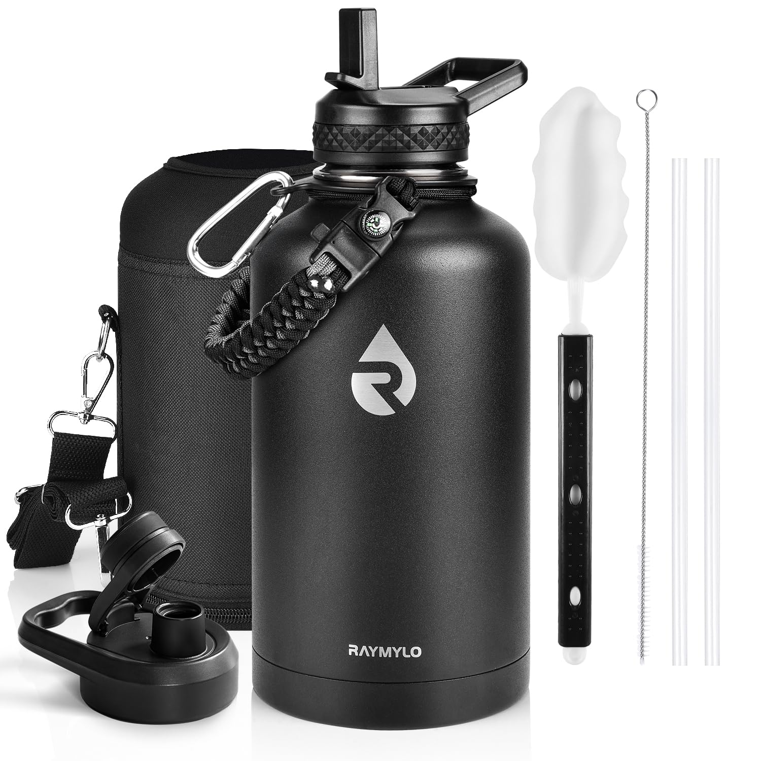 Insulated Water Bottle 64 oz, Triple Wall Vacuum Stainless Steel (Cold for 48 Hrs), Leak Proof & Non-BPA, Half Gallon Water Flask Jug with Paracord Handle & Straw Spout Lids