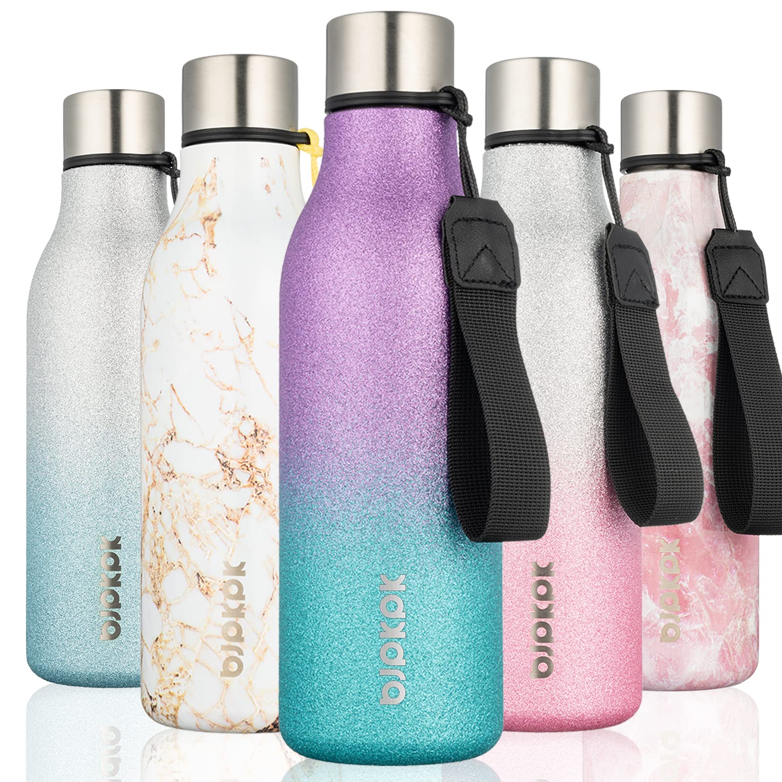 BJPKPK Insulated Water Bottles, 18 oz Stainless Steel Metal Water Bottle with Strap, BPA Free Leak Proof Jugs, Mugs, Flasks, Reusable Thermal Flasks for Sports& Travel, Blossom