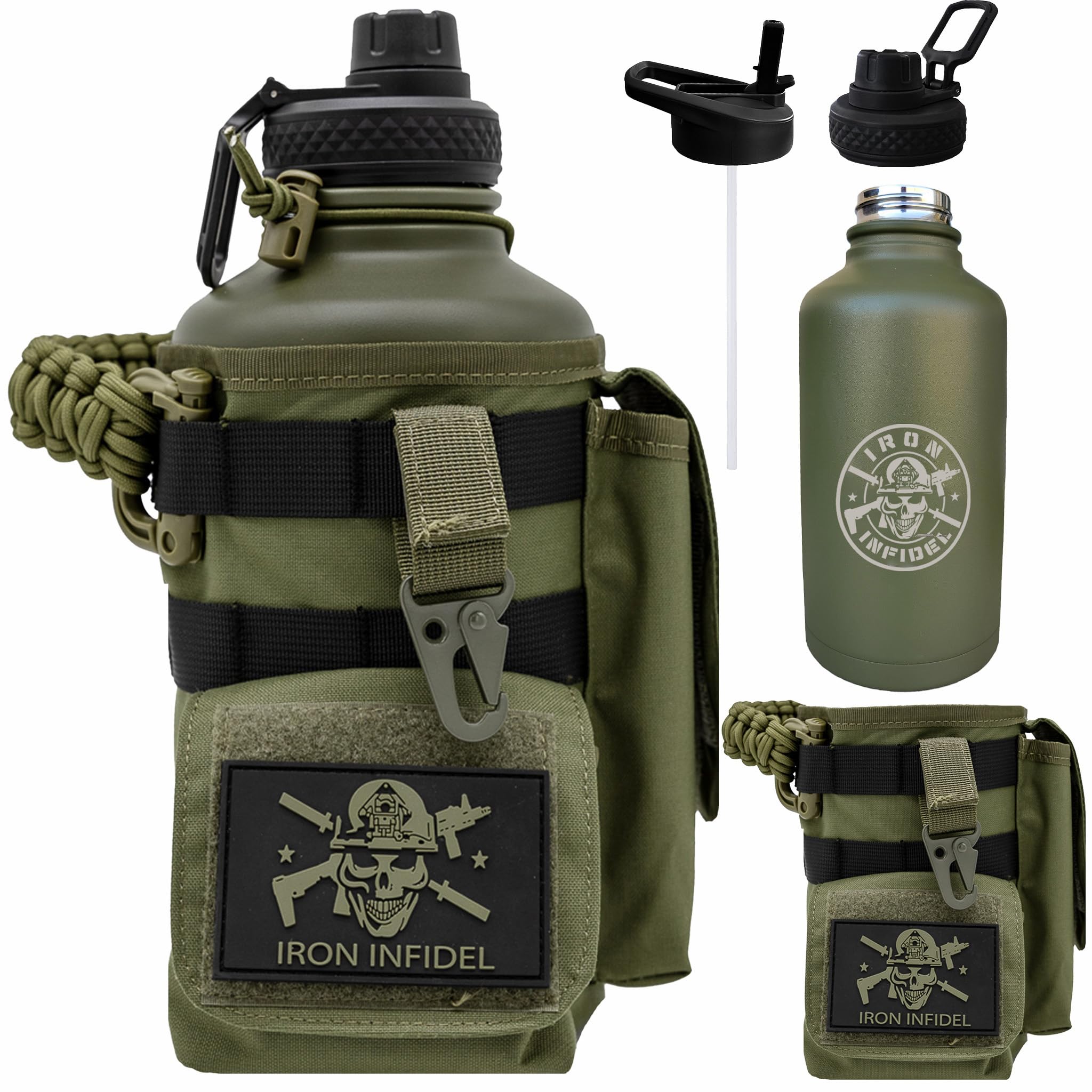 Iron Infidel Battle Bottle - Half Gallon Insulated Water Bottle with Paracord Handle - Large 64 oz Stainless Steel Water Jug & Rugged, Removable Sleeve For Keys, Wallet, Phone (Black Camo 2 Liter)