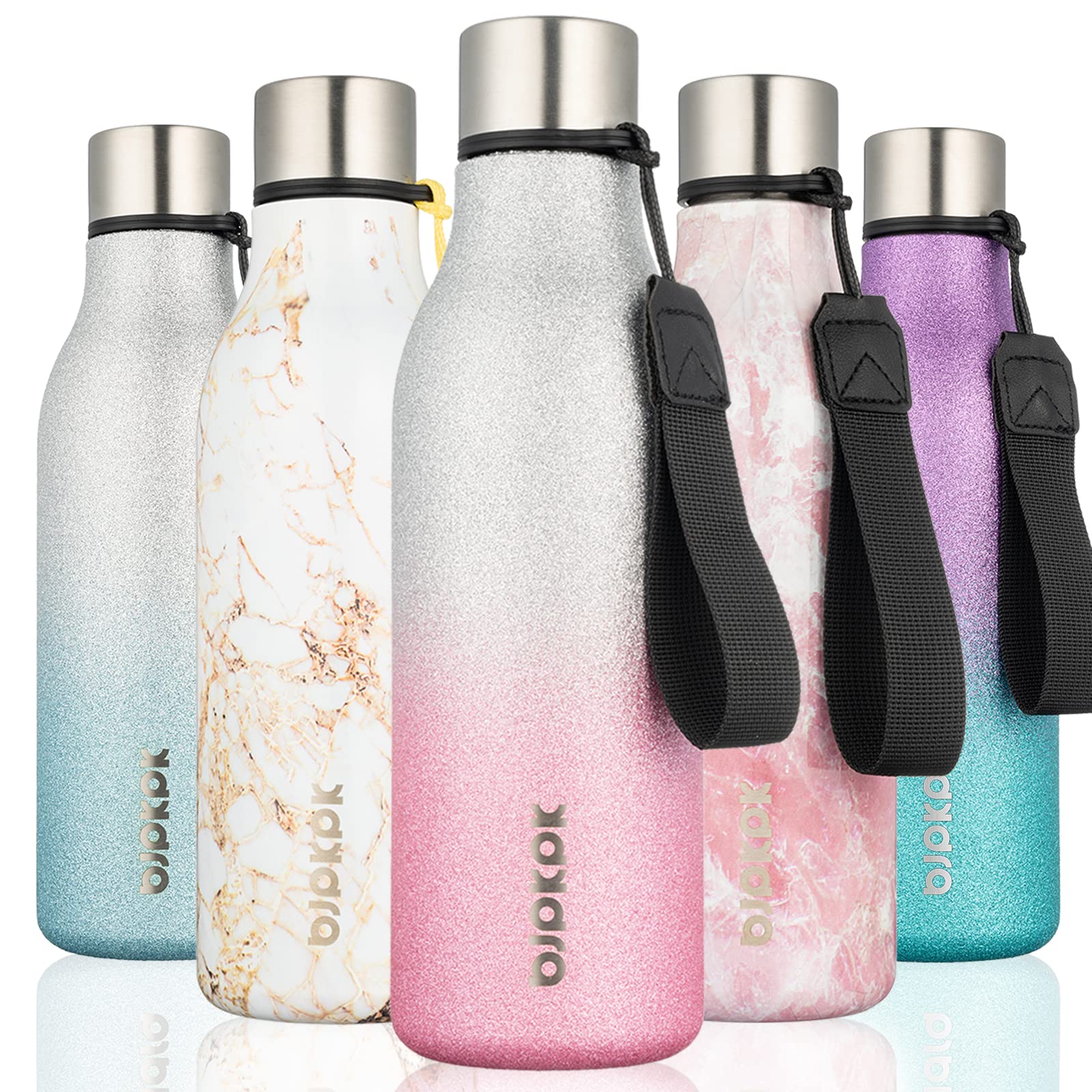 BJPKPK Insulated Water Bottles, 18 oz Stainless Steel Metal Water Bottle with Strap, BPA Free Leak Proof Jugs, Mugs, Flasks, Reusable Thermal Flasks for Sports& Travel, Blossom