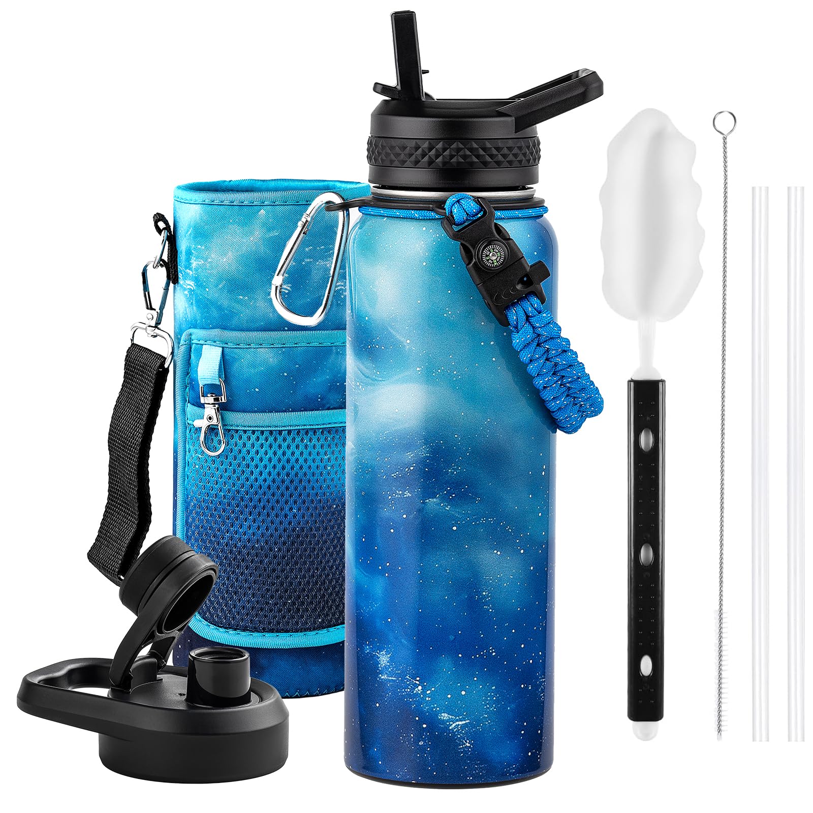 Insulated Water Bottle 64 oz, Triple Wall Vacuum Stainless Steel (Cold for 48 Hrs), Leak Proof & Non-BPA, Half Gallon Water Flask Jug with Paracord Handle & Straw Spout Lids