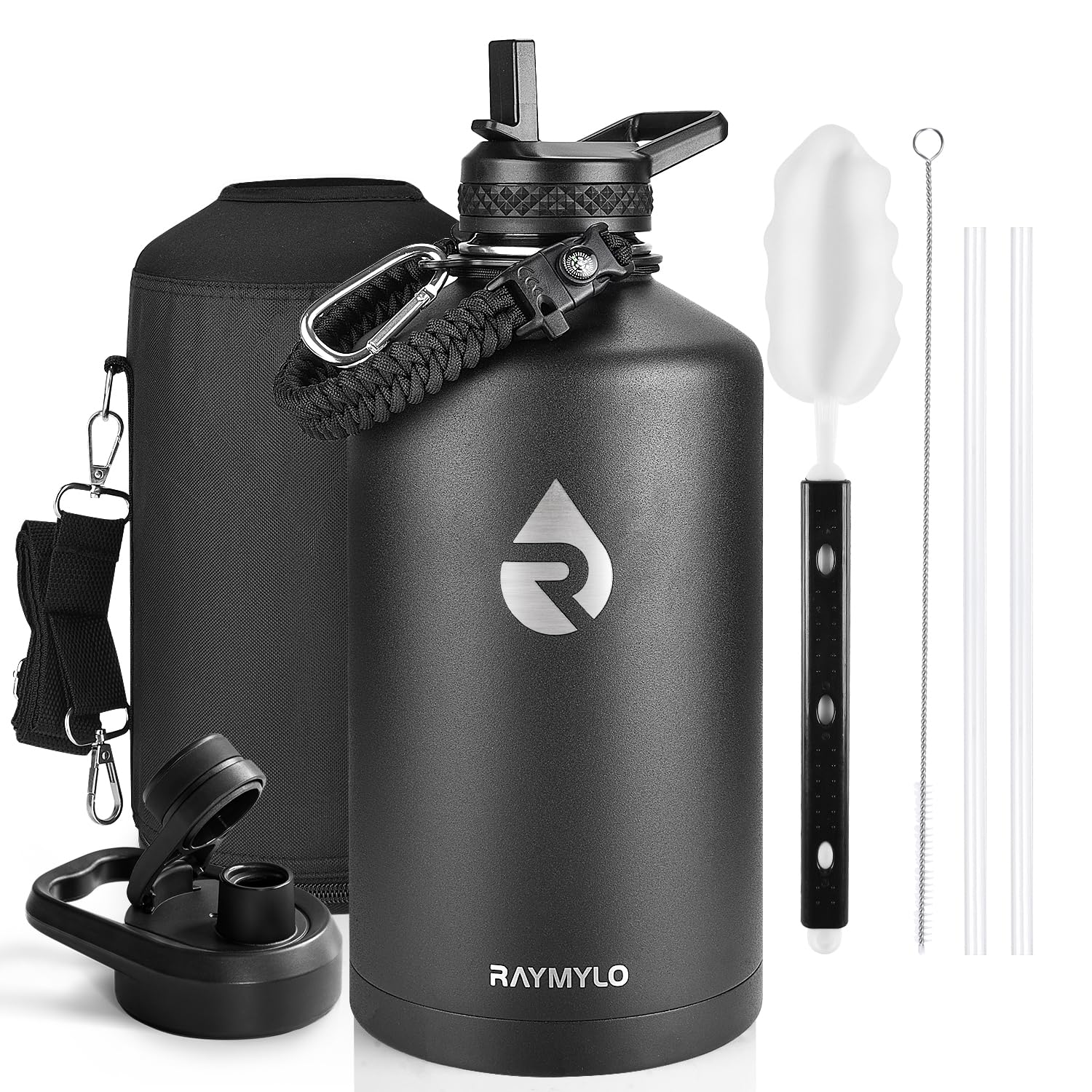 Insulated Water Bottle 64 oz, Triple Wall Vacuum Stainless Steel (Cold for 48 Hrs), Leak Proof & Non-BPA, Half Gallon Water Flask Jug with Paracord Handle & Straw Spout Lids