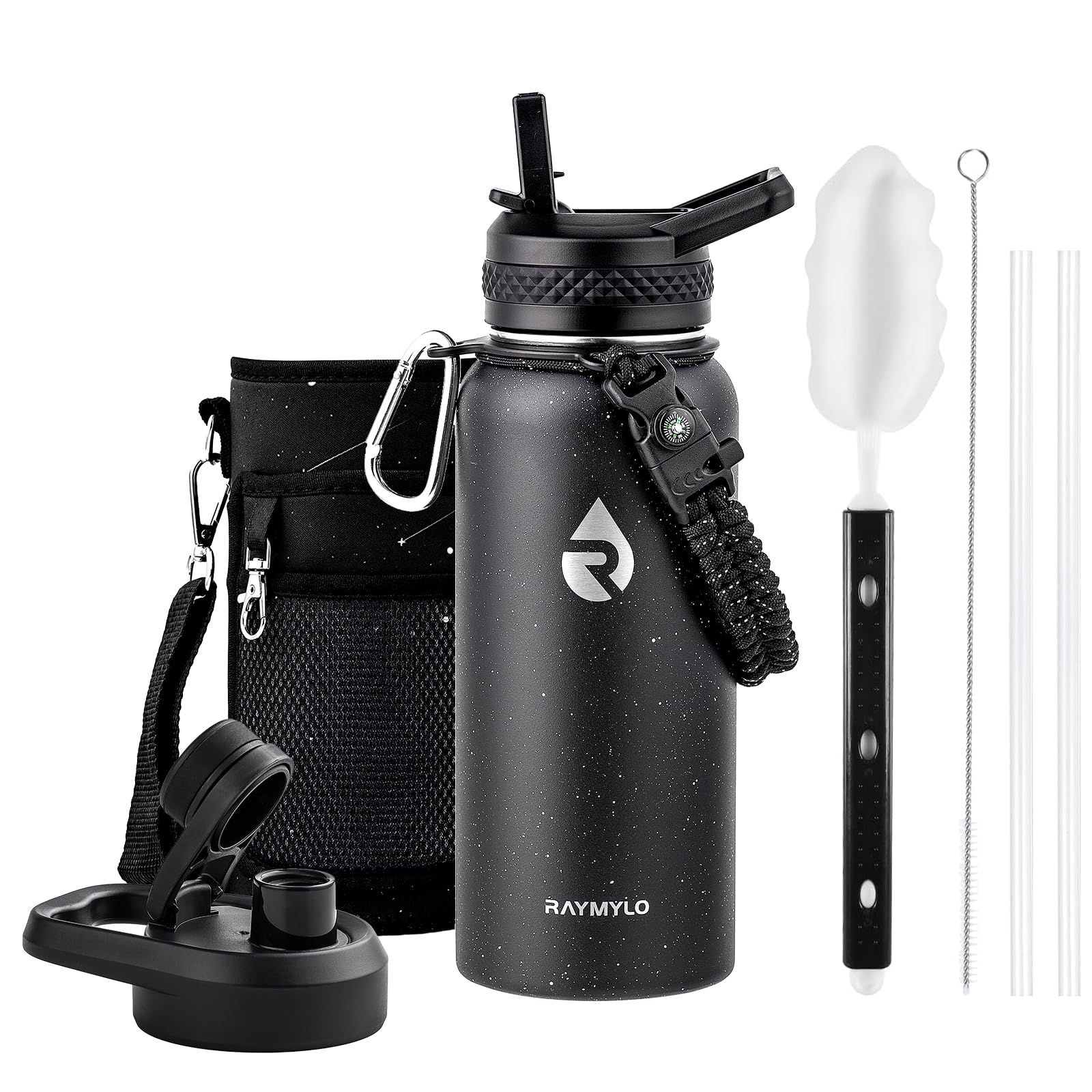Insulated Water Bottle 64 oz, Triple Wall Vacuum Stainless Steel (Cold for 48 Hrs), Leak Proof & Non-BPA, Half Gallon Water Flask Jug with Paracord Handle & Straw Spout Lids