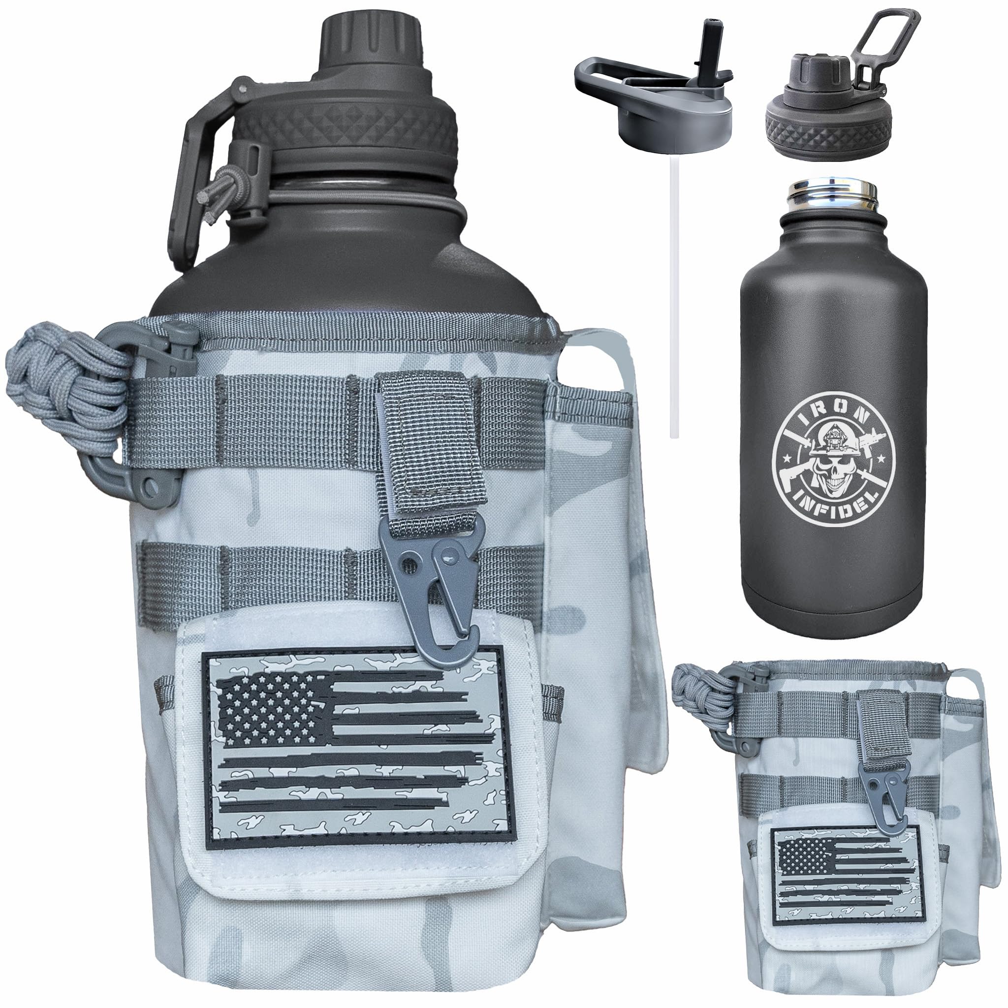 Iron Infidel Battle Bottle - One Gallon Insulated Water Bottle with Dual Carry Handles - 128 oz Tactical Stainless Steel Water Jug & Rugged Extra Large Sleeve With Storage (OCP Camo 128 Ounces)