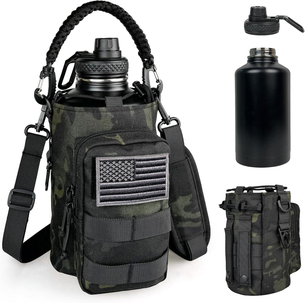 Half Gallon Water Bottle Insulated with Sleeve - Tactical 64 oz Stainless Steel Water Jug with MOLLE Water Bottle Pouch, Gym Water Bottles for Men Hiking Workout (Black Camo)