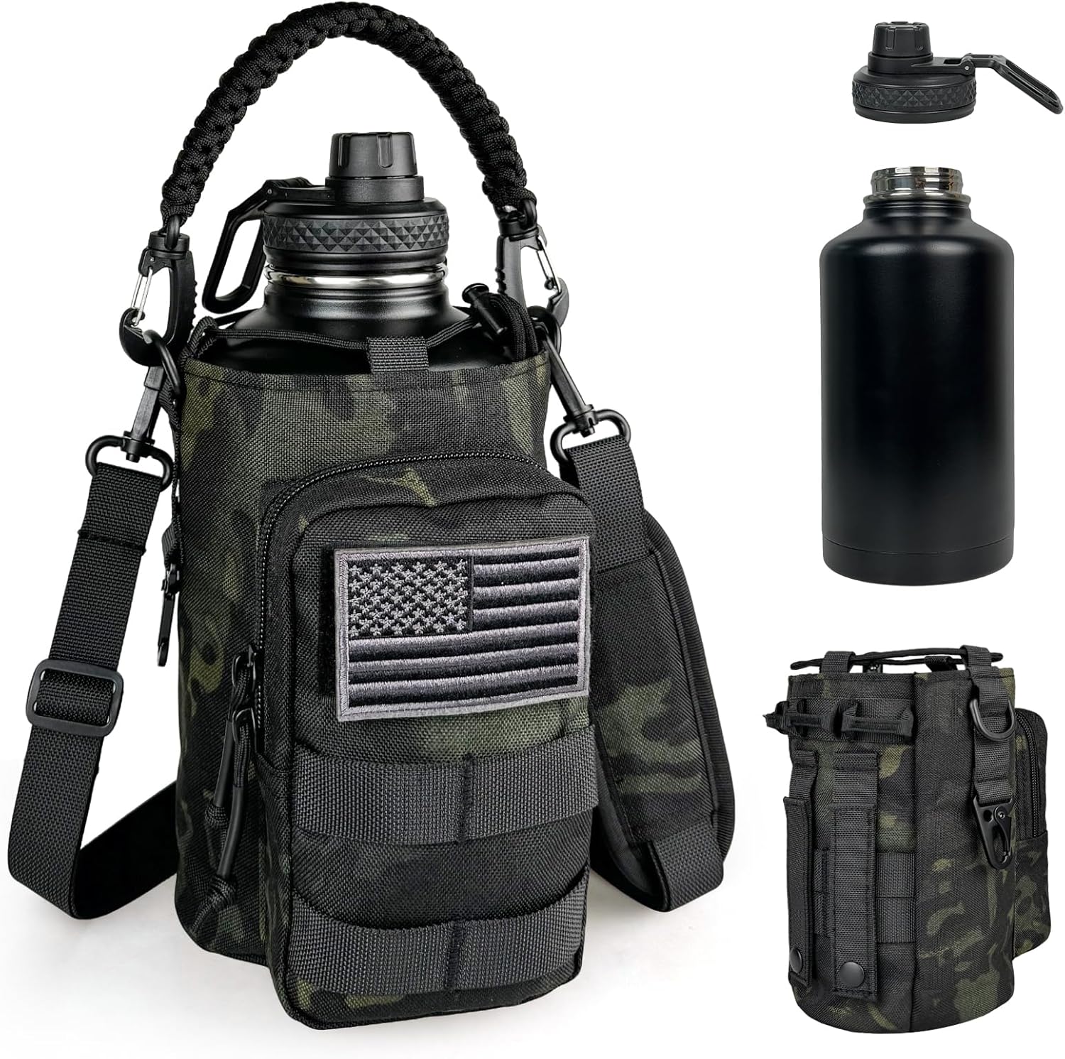 Half Gallon Water Bottle Insulated with Sleeve - Tactical 64 oz Stainless Steel Water Jug with MOLLE Water Bottle Pouch, Gym Water Bottles for Men Hiking Workout (Black Camo)