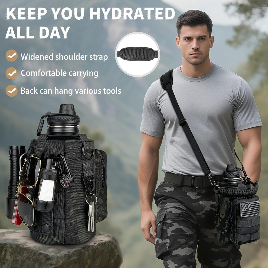 Half Gallon Water Bottle Insulated with Sleeve - Tactical 64 oz Stainless Steel Water Jug with MOLLE Water Bottle Pouch, Gym Water Bottles for Men Hiking Workout (Black Camo)