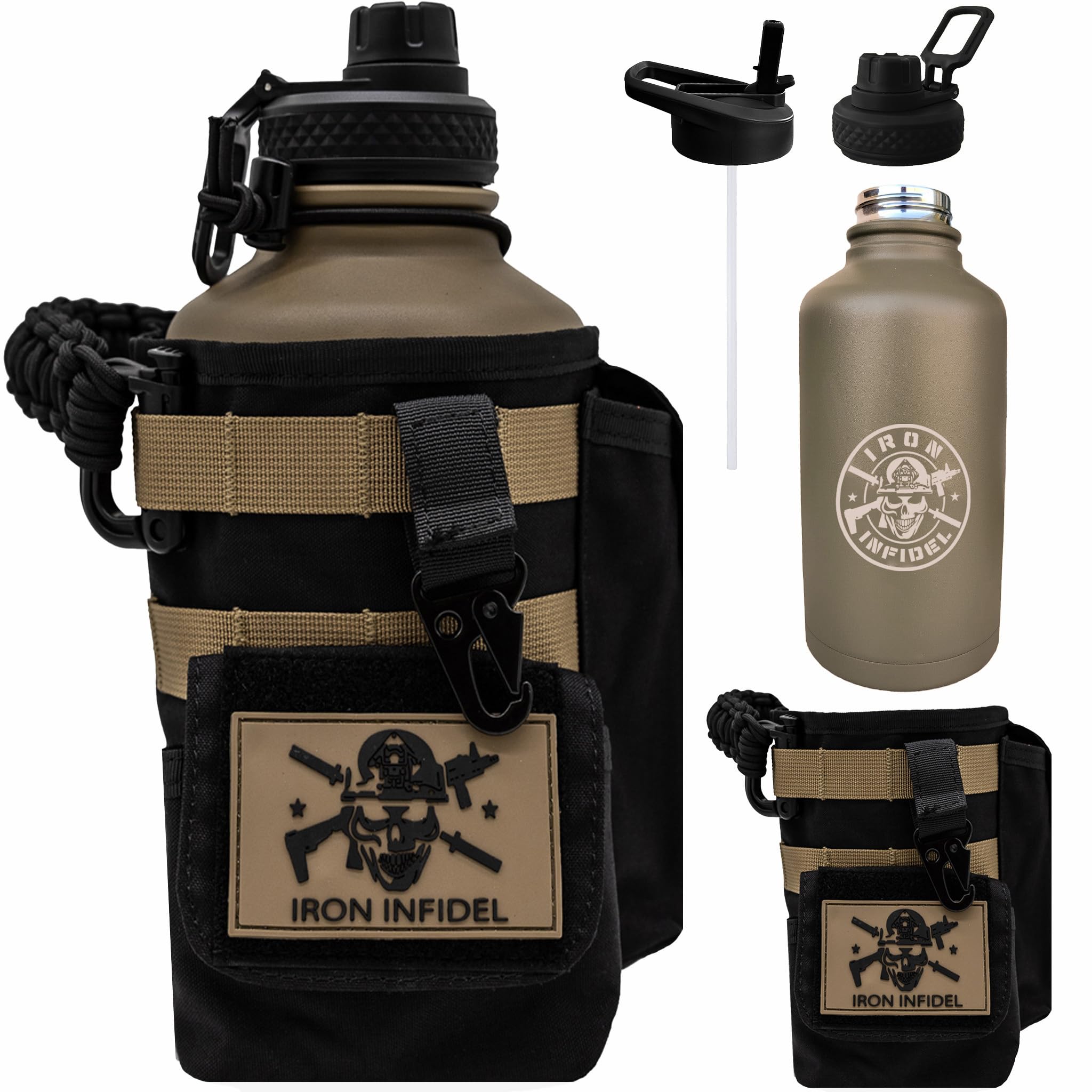 Iron Infidel Battle Bottle - One Gallon Insulated Water Bottle with Dual Carry Handles - 128 oz Tactical Stainless Steel Water Jug & Rugged Extra Large Sleeve With Storage (OCP Camo 128 Ounces)