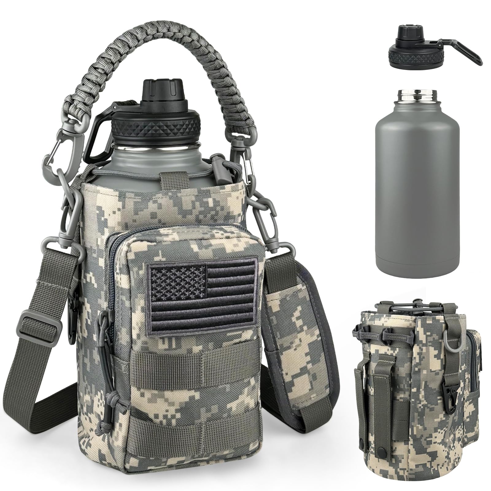 Half Gallon Water Bottle Insulated with Sleeve - Tactical 64 oz Stainless Steel Water Jug with MOLLE Water Bottle Pouch, Gym Water Bottles for Men Hiking Workout (Black Camo)