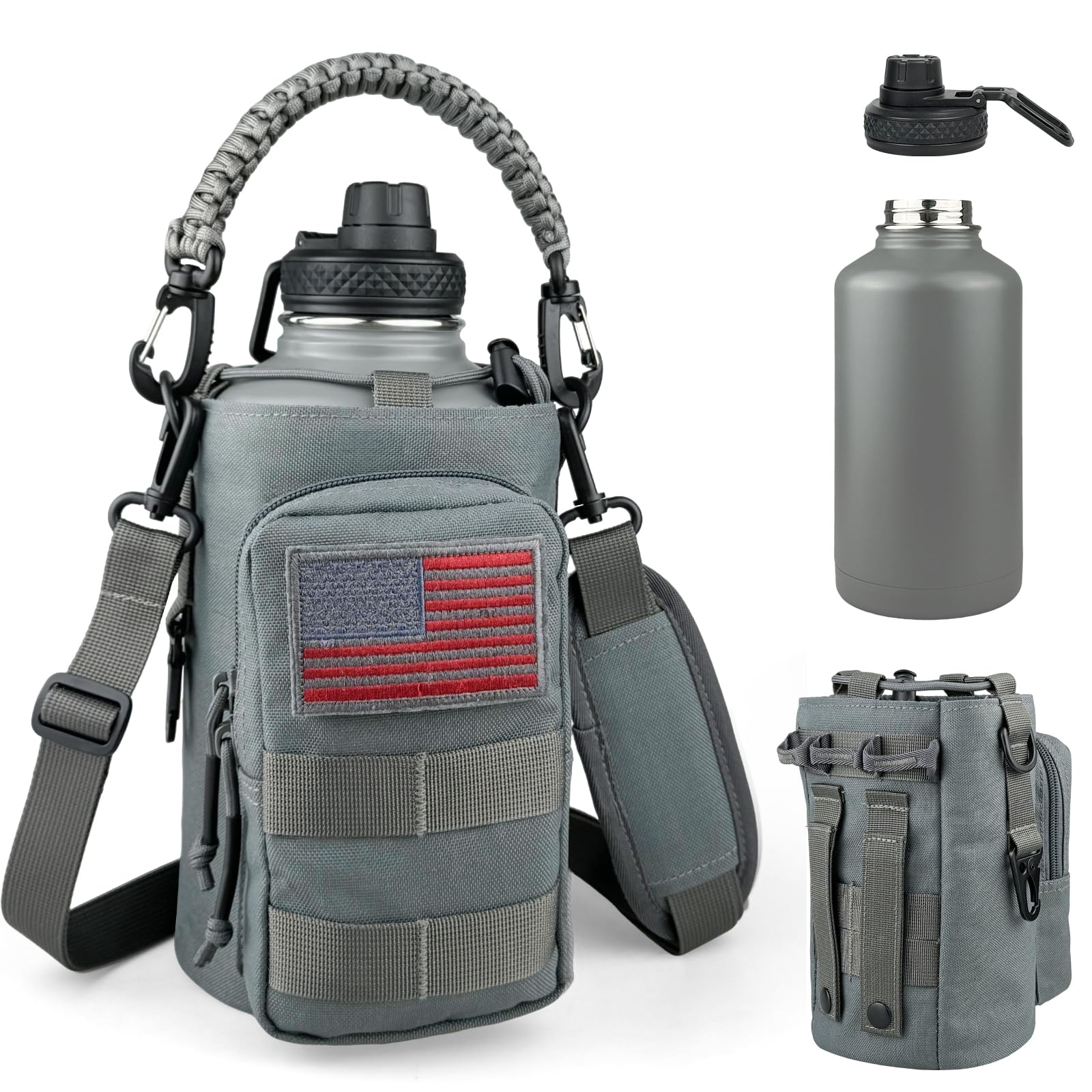 Half Gallon Water Bottle Insulated with Sleeve - Tactical 64 oz Stainless Steel Water Jug with MOLLE Water Bottle Pouch, Gym Water Bottles for Men Hiking Workout (Black Camo)