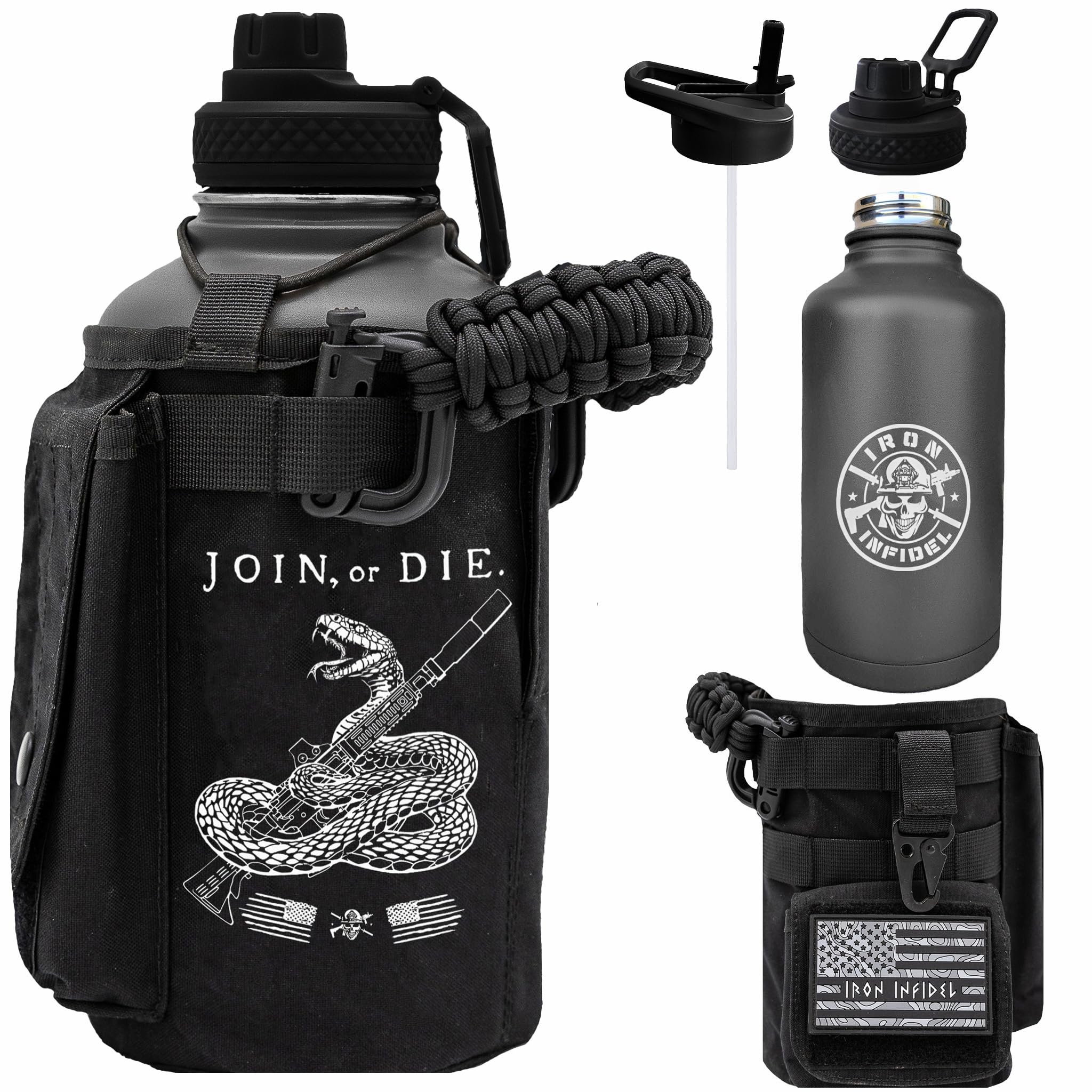 Iron Infidel Battle Bottle - Half Gallon Insulated Water Bottle with Paracord Handle - Large 64 oz Stainless Steel Water Jug & Rugged, Removable Sleeve For Keys, Wallet, Phone (Black Camo 2 Liter)