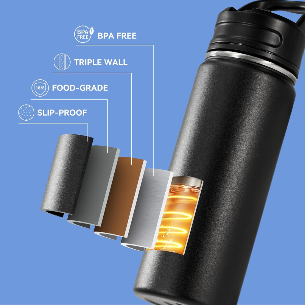 18oz Insulated Stainless Steel Water Bottle with Straws, Double Wall Vacuum Insulated Bottles, Metal Thermo for Travel, Sports, Leak-Proof, BPA Free, Women & Men, Black