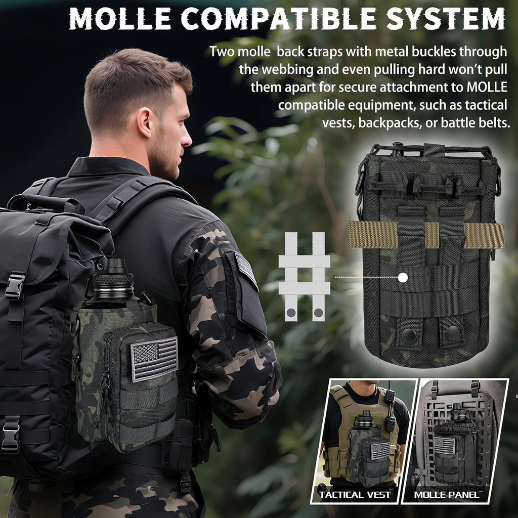 Half Gallon Water Bottle Insulated with Sleeve - Tactical 64 oz Stainless Steel Water Jug with MOLLE Water Bottle Pouch, Gym Water Bottles for Men Hiking Workout (Black Camo)