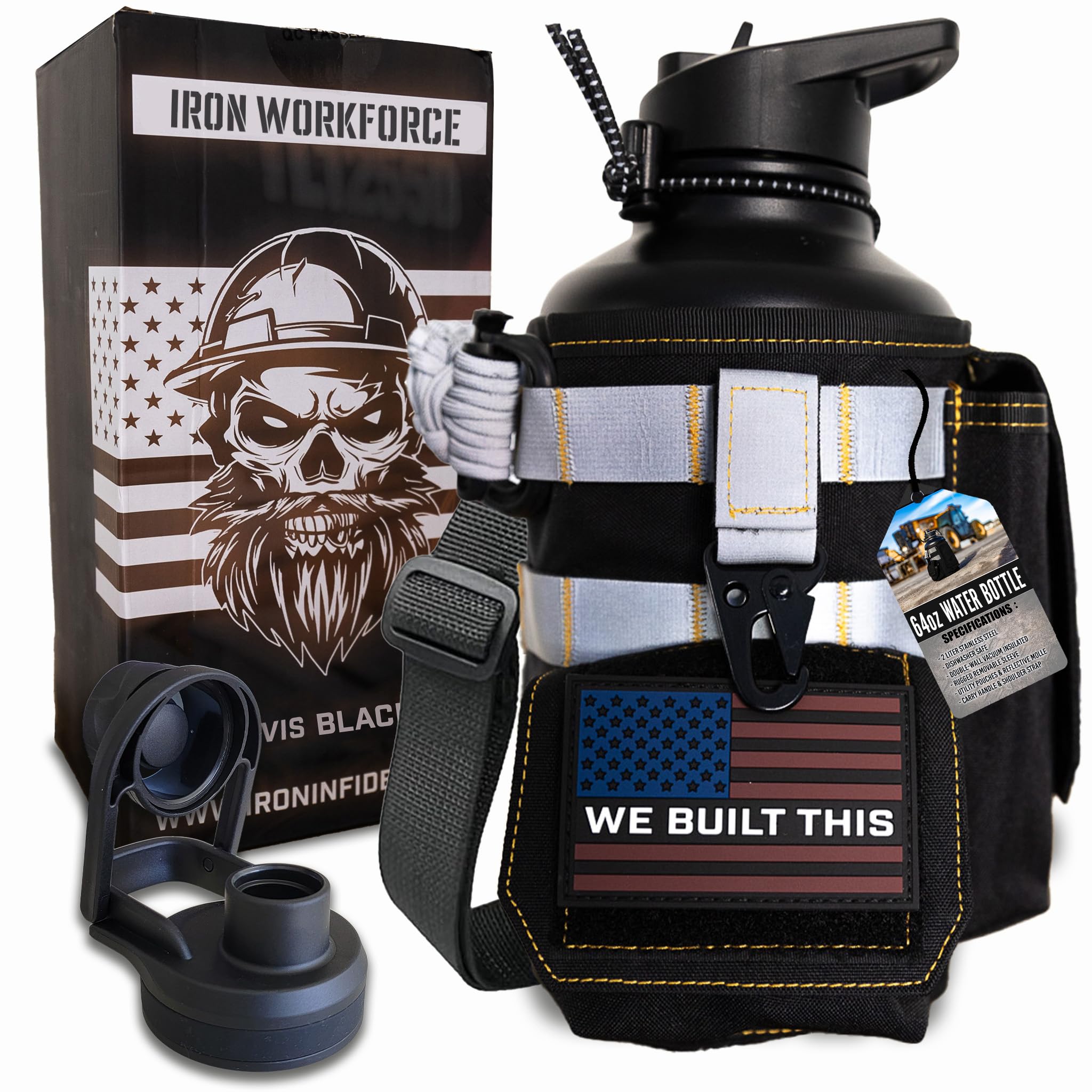 Iron Infidel Workforce Water Bottle - 64 oz Insulated Stainless Steel | Half Gallon Vacuum Water Jug | Paracord Handle, Removable Sleeve | Large Thermal Flask | Hiking, Camping, Workouts (Red)