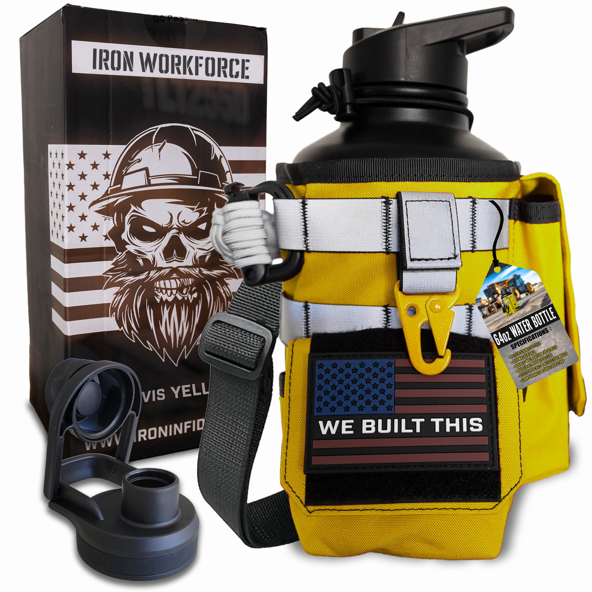 Iron Infidel Workforce Water Bottle - 64 oz Insulated Stainless Steel | Half Gallon Vacuum Water Jug | Paracord Handle, Removable Sleeve | Large Thermal Flask | Hiking, Camping, Workouts (Red)
