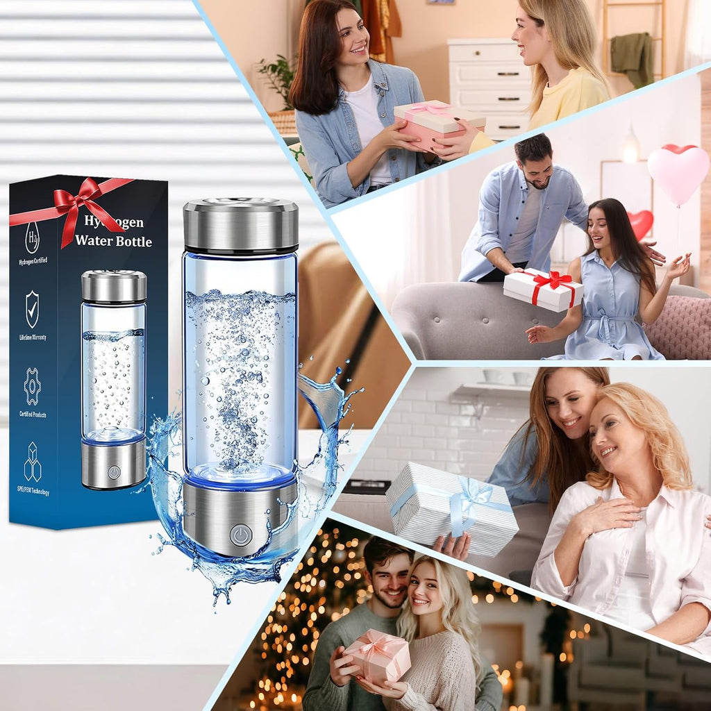 Hydrogen Water Bottle Generator - Portable Hydrogen Water Ionizer Machine SPE PEM Tech, Rechargeable Hydrogen Rich Water Glass Bottle for Home Gym Office and Travel Hydrogen Bottle