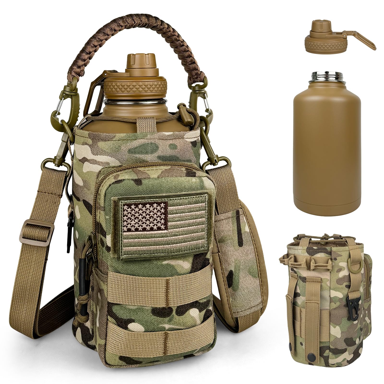 Half Gallon Water Bottle Insulated with Sleeve - Tactical 64 oz Stainless Steel Water Jug with MOLLE Water Bottle Pouch, Gym Water Bottles for Men Hiking Workout (Black Camo)