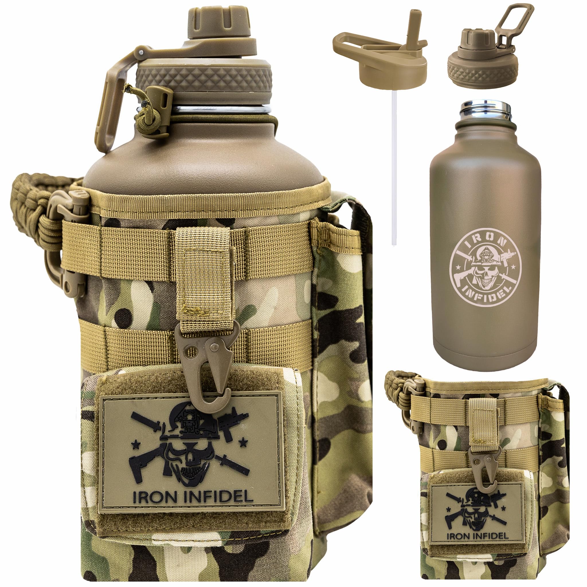 Iron Infidel Battle Bottle - One Gallon Insulated Water Bottle with Dual Carry Handles - 128 oz Tactical Stainless Steel Water Jug & Rugged Extra Large Sleeve With Storage (OCP Camo 128 Ounces)